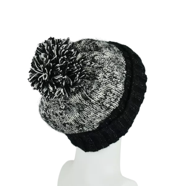 Bonnet Tricoté Noir et Écru Pompon -M
