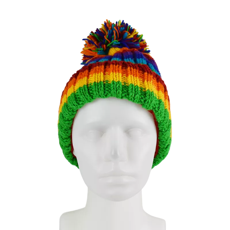 Bonnet MulticoloreTricot Laine Pompon -O