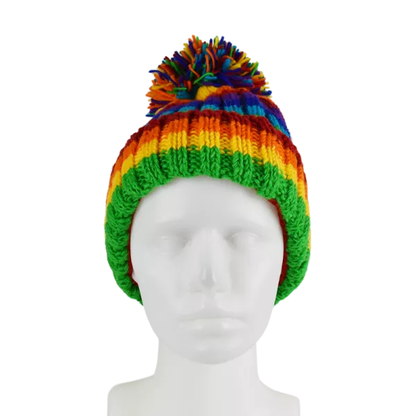 Bonnet MulticoloreTricot Laine Pompon -O