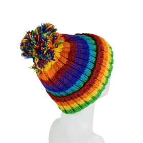 Bonnet MulticoloreTricot Laine Pompon -O