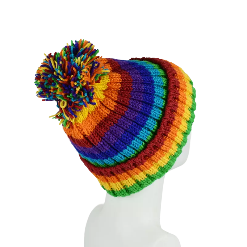 Bonnet MulticoloreTricot Laine Pompon -O