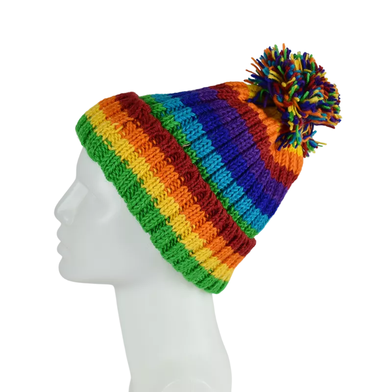 Bonnet MulticoloreTricot Laine Pompon -O