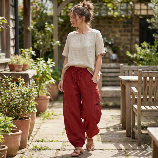 Pantalon Dewas Ethnique Uni Délavé Rouge