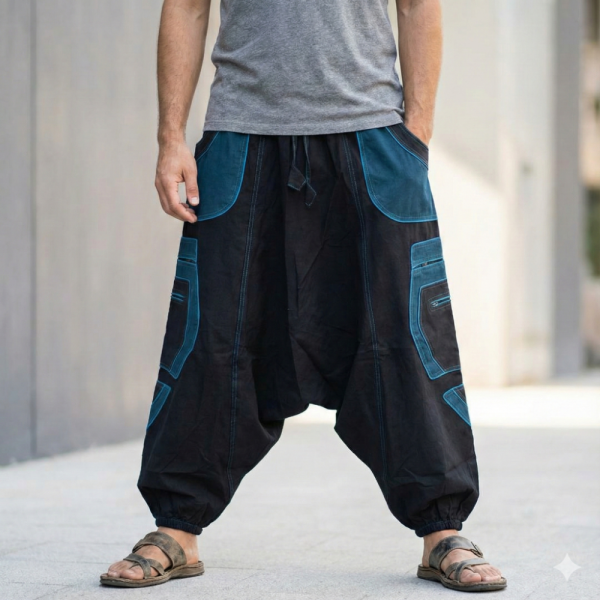 Sarouel Sirpa Ethnique Six Poches Noir et Bleu Pétrole