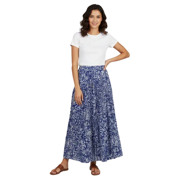 Jupe Longue en Voile de Coton – Harmonie Graphique Bleue
