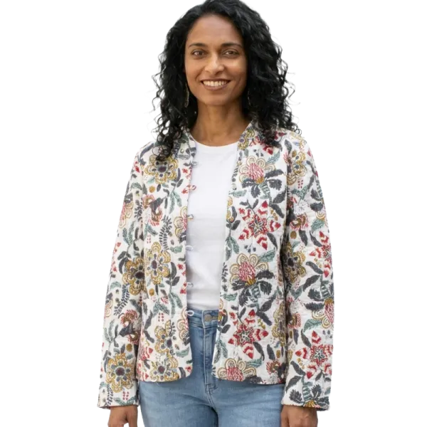 Veste Matelassée Réversible : Écru Floral & Gris Géométrique