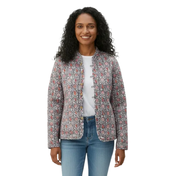 Veste Matelassée Réversible : Écru Floral & Gris Géométrique