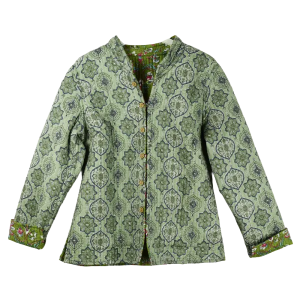 Veste Matelassée Réversible "Jardin d'Anis & Géométrie Olive"