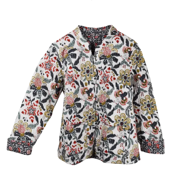 Veste Matelassée Réversible : Écru Floral & Gris Géométrique