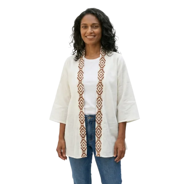 Veste Kimono Coton Slub Écru & Block Print