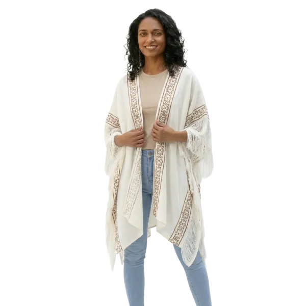 Veste Poncho Ajourée "Esprit Nomade" - Coton Artisanal & Block Print