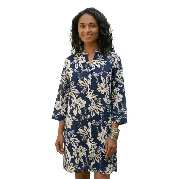 Robe-Tunique en Coton "Azure Floral" - Bleu Marine & Beige