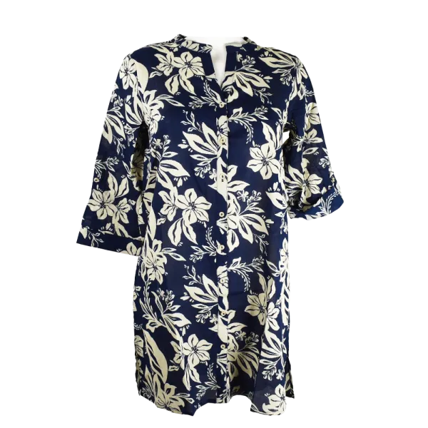 Robe-Tunique en Coton "Azure Floral" - Bleu Marine & Beige