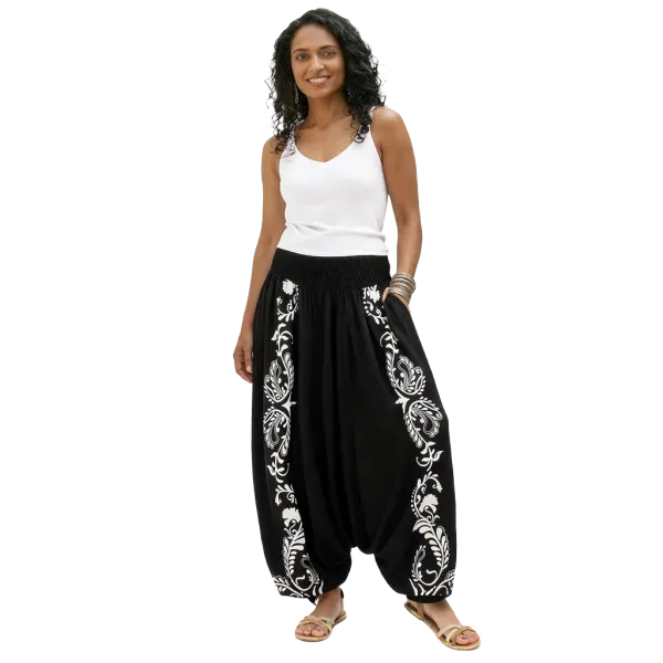 Sarouel Transformable Ethnique Noir & Blanc Viscose-Lin - Modèle Souria