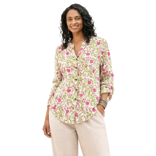 Chemisier Artisanal en Coton Indien "Jardin de Printemps" - Vert Anis & Rose