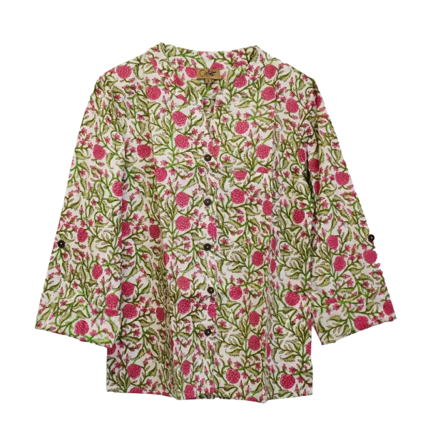 Chemisier Artisanal en Coton Indien "Jardin de Printemps" - Vert Anis & Rose