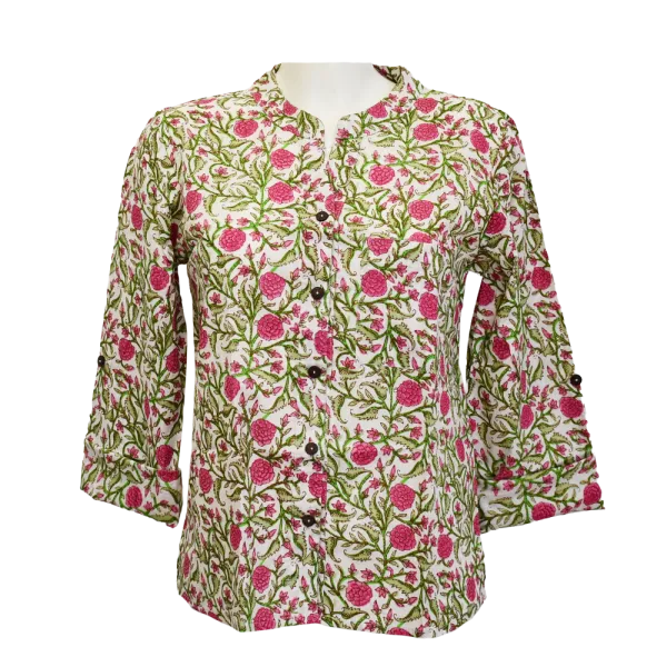 Chemisier Artisanal en Coton Indien "Jardin de Printemps" - Vert Anis & Rose