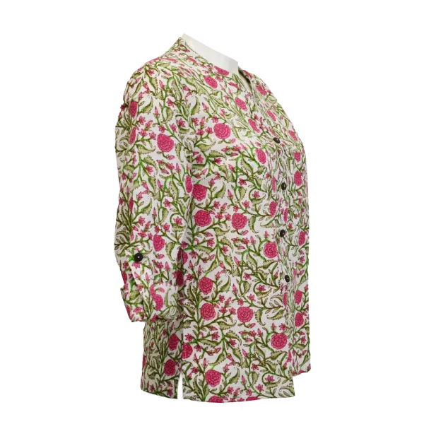 Chemisier Artisanal en Coton Indien "Jardin de Printemps" - Vert Anis & Rose