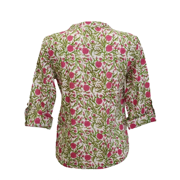 Chemisier Artisanal en Coton Indien "Jardin de Printemps" - Vert Anis & Rose