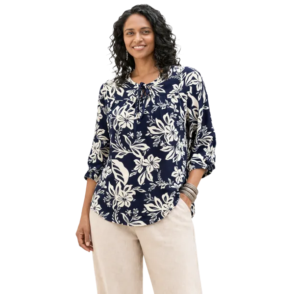 Blouse Vaporeuse "Nuit Florale" - Marine & Beige