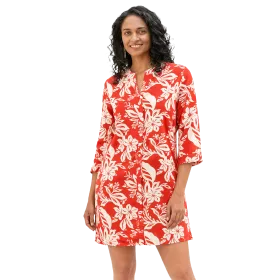 Robe Courte Coton "Escale Fleurie" - Rouge Corail et Crème