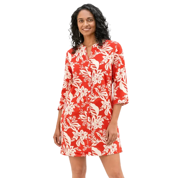 Robe Courte Coton "Escale Fleurie" - Rouge Corail et Crème