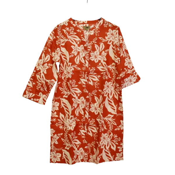 Robe Courte Coton "Escale Fleurie" - Rouge Corail et Crème