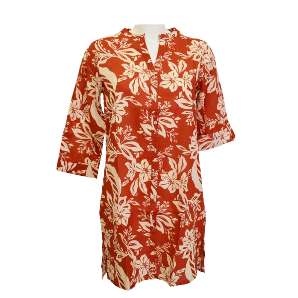 Robe Courte Coton "Escale Fleurie" - Rouge Corail et Crème