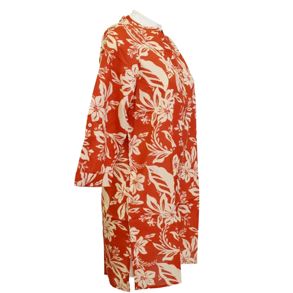 Robe Courte Coton "Escale Fleurie" - Rouge Corail et Crème