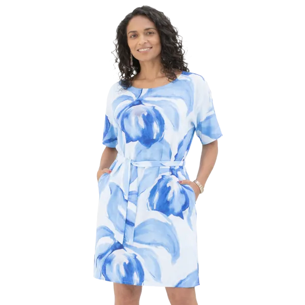 Robe Courte Viscose "Azur Floral" - Bleu et Blanc