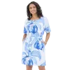 Robe Courte Viscose "Azur Floral" - Bleu et Blanc