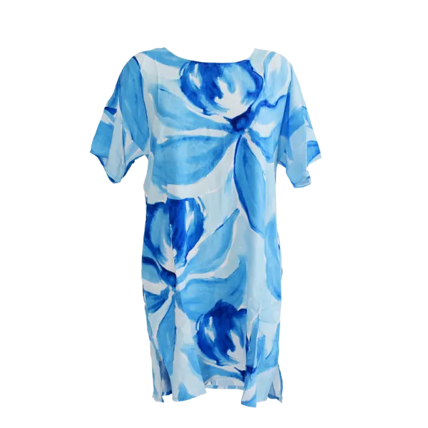 Robe Courte Viscose "Azur Floral" - Bleu et Blanc