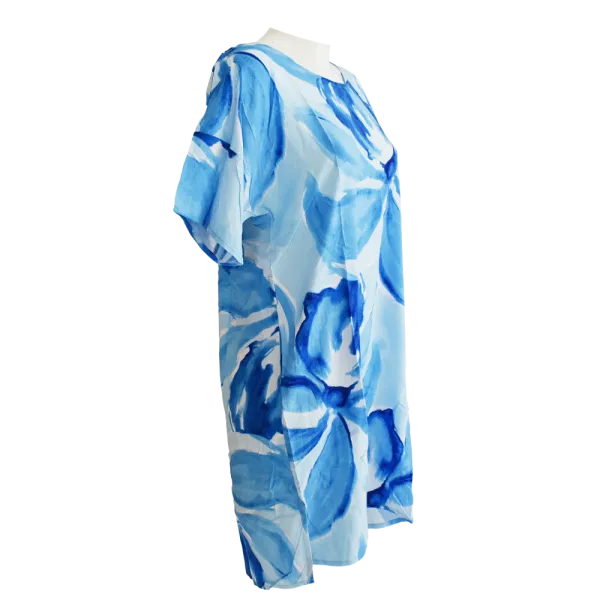 Robe Courte Viscose "Azur Floral" - Bleu et Blanc