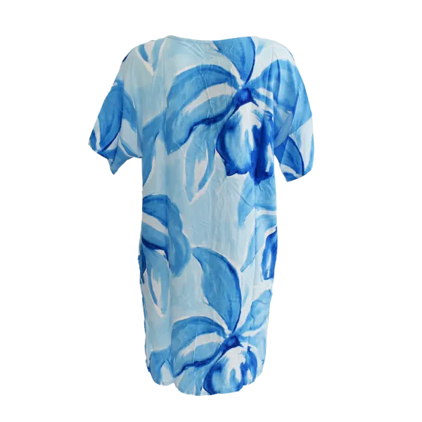 Robe Courte Viscose "Azur Floral" - Bleu et Blanc