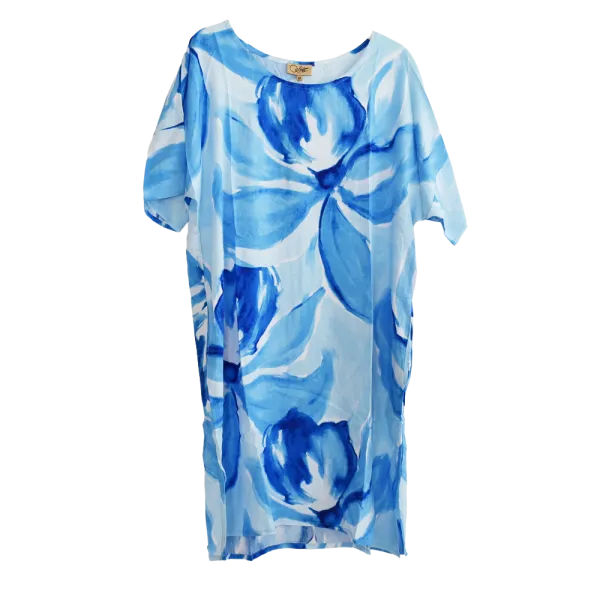 Robe Courte Viscose "Azur Floral" - Bleu et Blanc