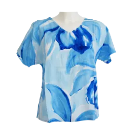 Top Viscose Aquarelle Florale Col V Rose & Bleu