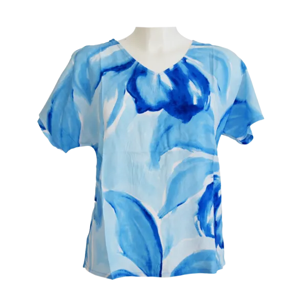 Top Viscose Aquarelle Florale Col V Rose & Bleu