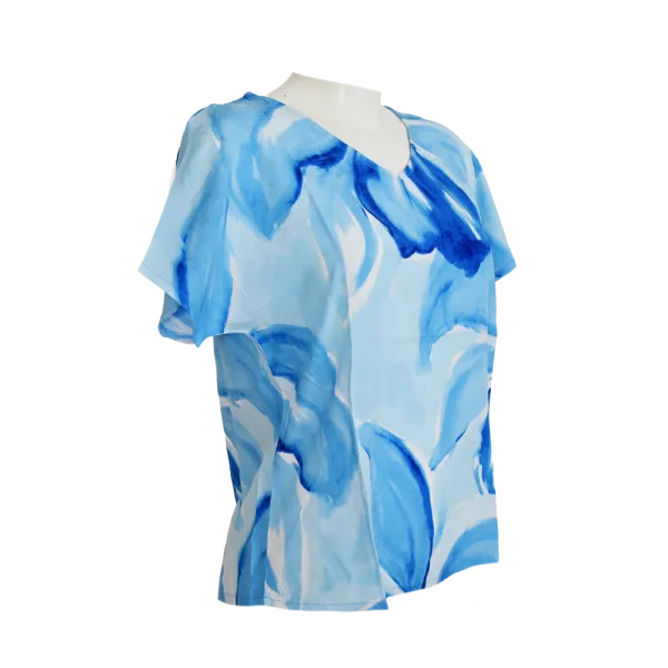Top Viscose Aquarelle Florale Col V Rose & Bleu