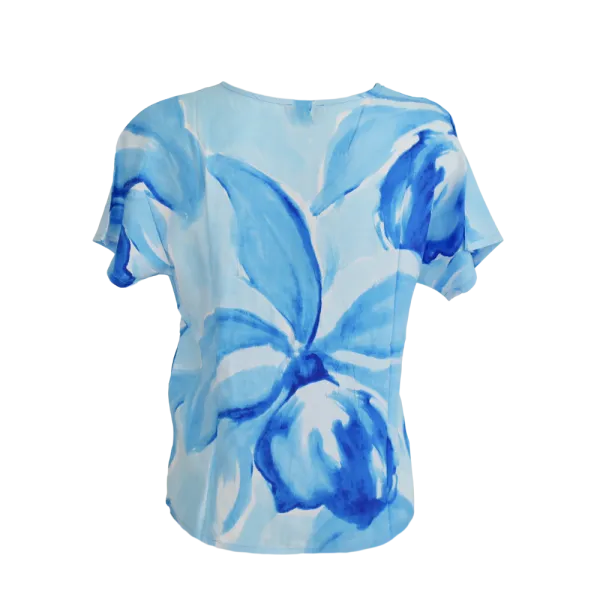 Top Viscose Aquarelle Florale Col V Rose & Bleu