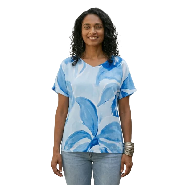 Top Viscose Aquarelle Florale Col V Rose & Bleu