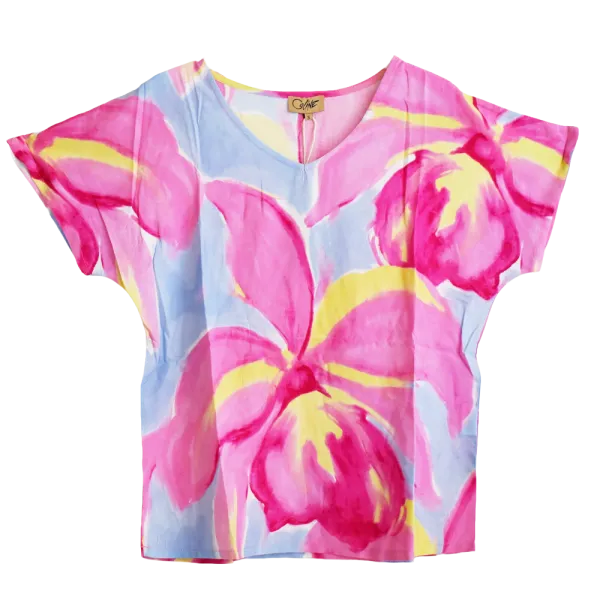 Top Viscose Aquarelle Florale Col V Rose & Bleu