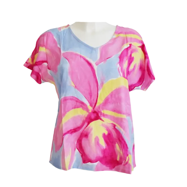 Top Viscose Aquarelle Florale Col V Rose & Bleu