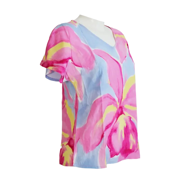 Top Viscose Aquarelle Florale Col V Rose & Bleu