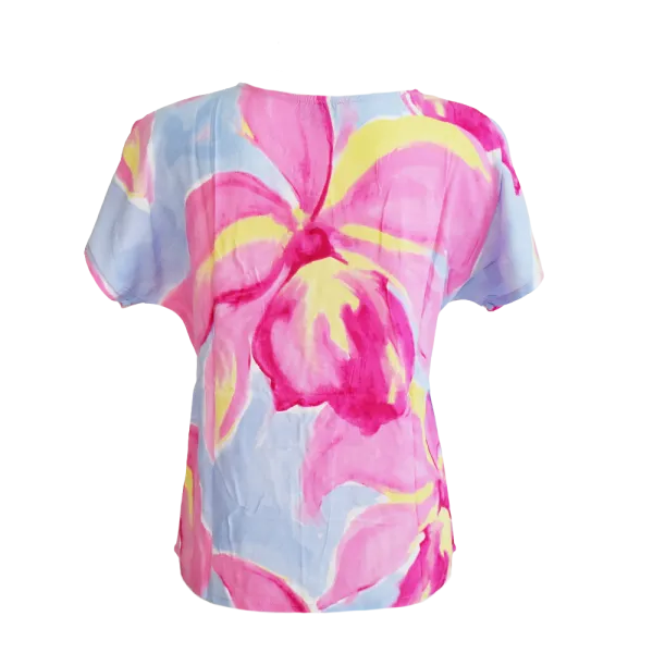 Top Viscose Aquarelle Florale Col V Rose & Bleu