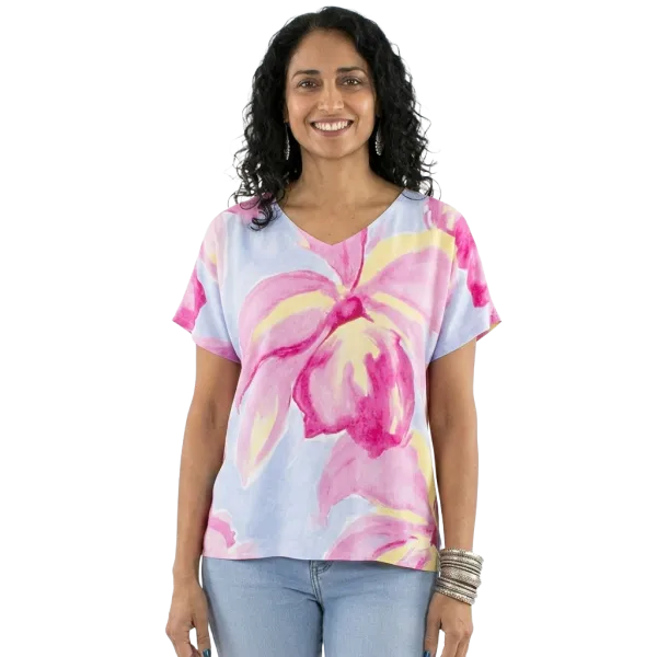 Top Viscose Aquarelle Florale Col V Rose & Bleu