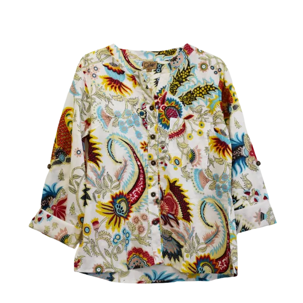 Chemisier Artisanal en Coton "Cachemire Bohème" - Blanc Multicolore - S à XXL