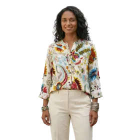 Chemisier Artisanal en Coton "Cachemire Bohème" - Blanc Multicolore - S à XXL