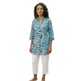 Tunique en Voile de Coton "Labyrinthe Azur" - Bleu Canard et Blanc