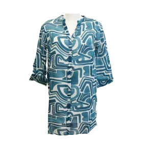 Tunique en Voile de Coton "Labyrinthe Azur" - Bleu Canard et Blanc