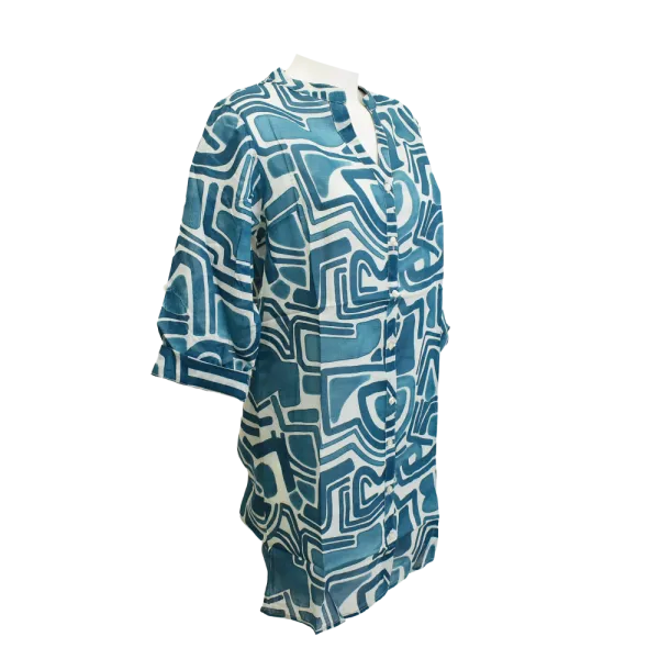 Tunique en Voile de Coton "Labyrinthe Azur" - Bleu Canard et Blanc
